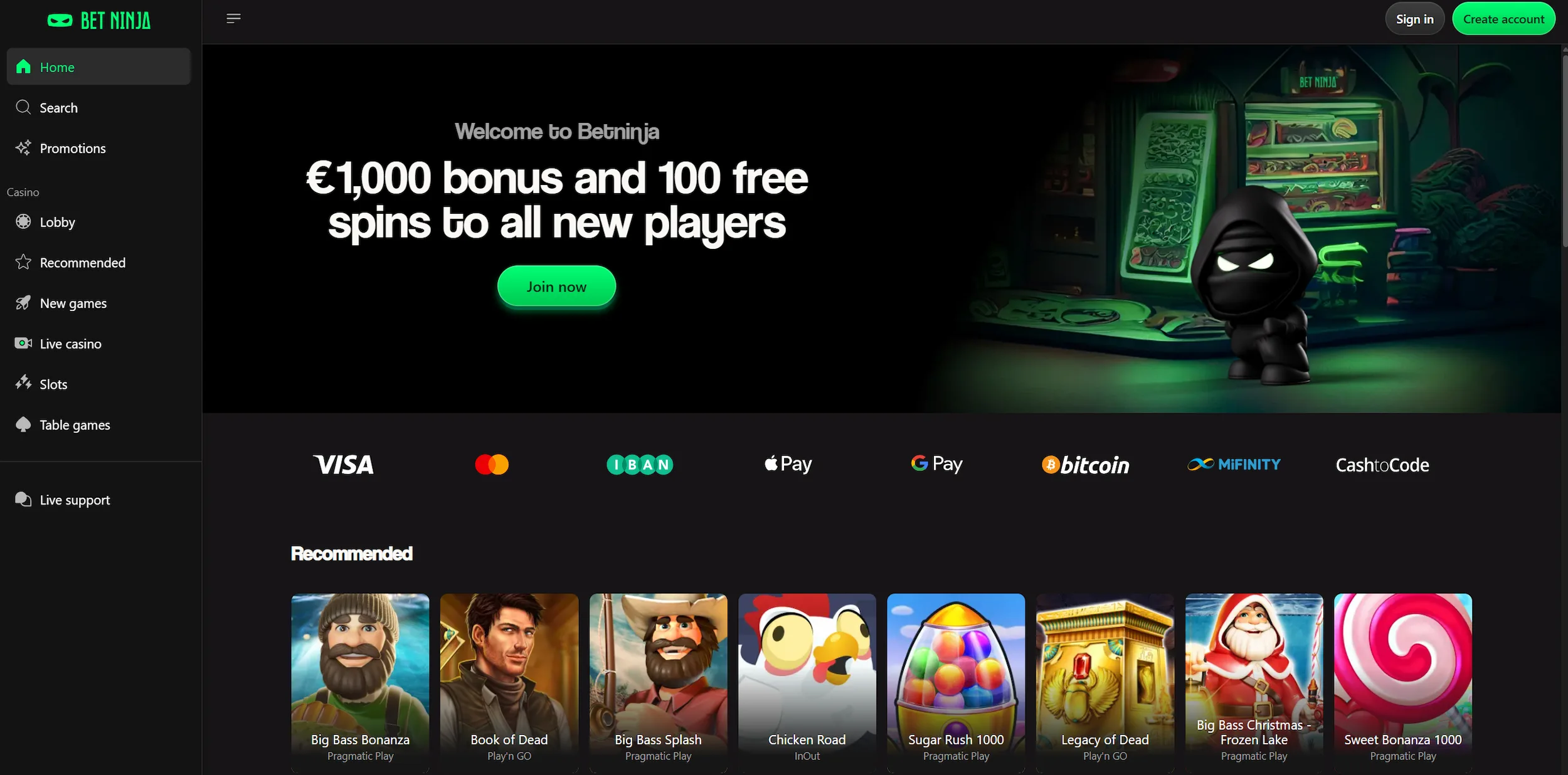 BetNinja casino homepage showing welcome bonus offer, recommended online pokies and site main navigation